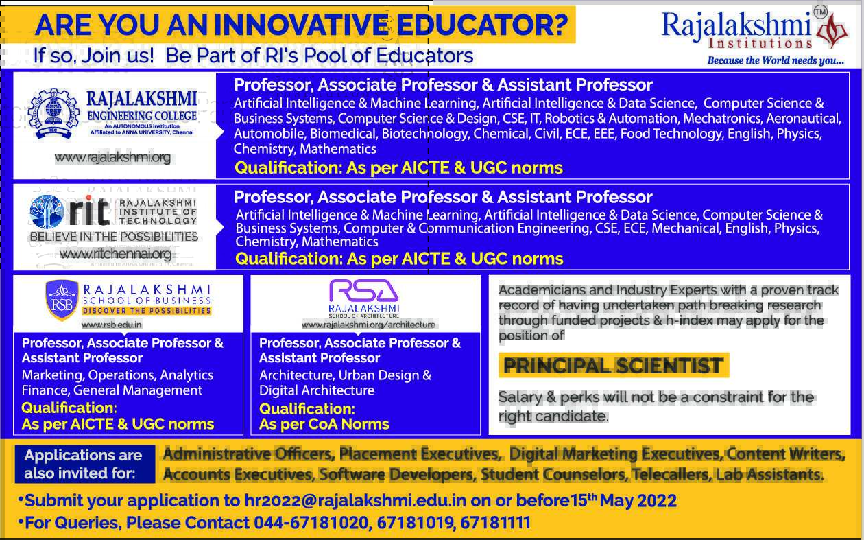 Faculty Recruitment 2022 at Rajalakshmi Institutions, Chennai FacultyPlus