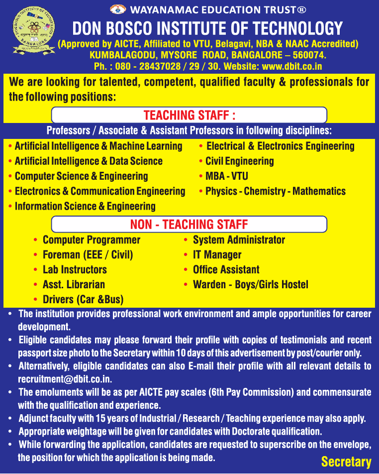 Don Bosco Institute of Technology, Bangalore Teaching Jobs/Non