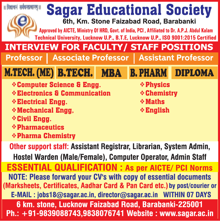 Sagar Educational Society, Lucknow, Uttar Pradesh wanted Professor