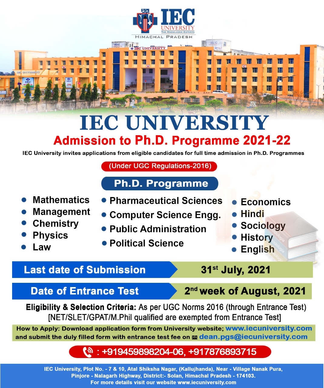 Ph.D Admission 20212022 at IEC University (Last Date Extended