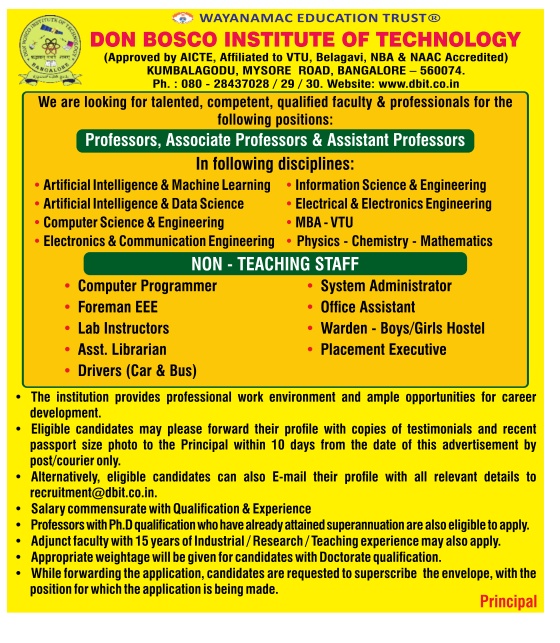 Don Bosco Institute of Technology, Bangalore Teaching Jobs/Non