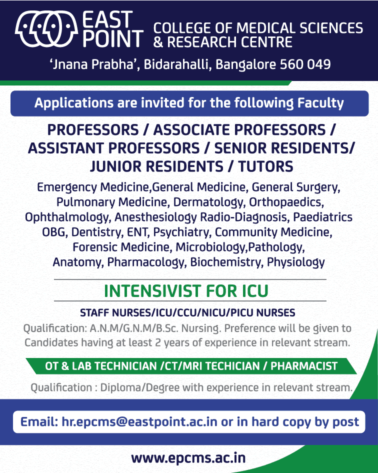 East Point College of Medical Sciences and Research Centre, Bangalore Wanted Professors