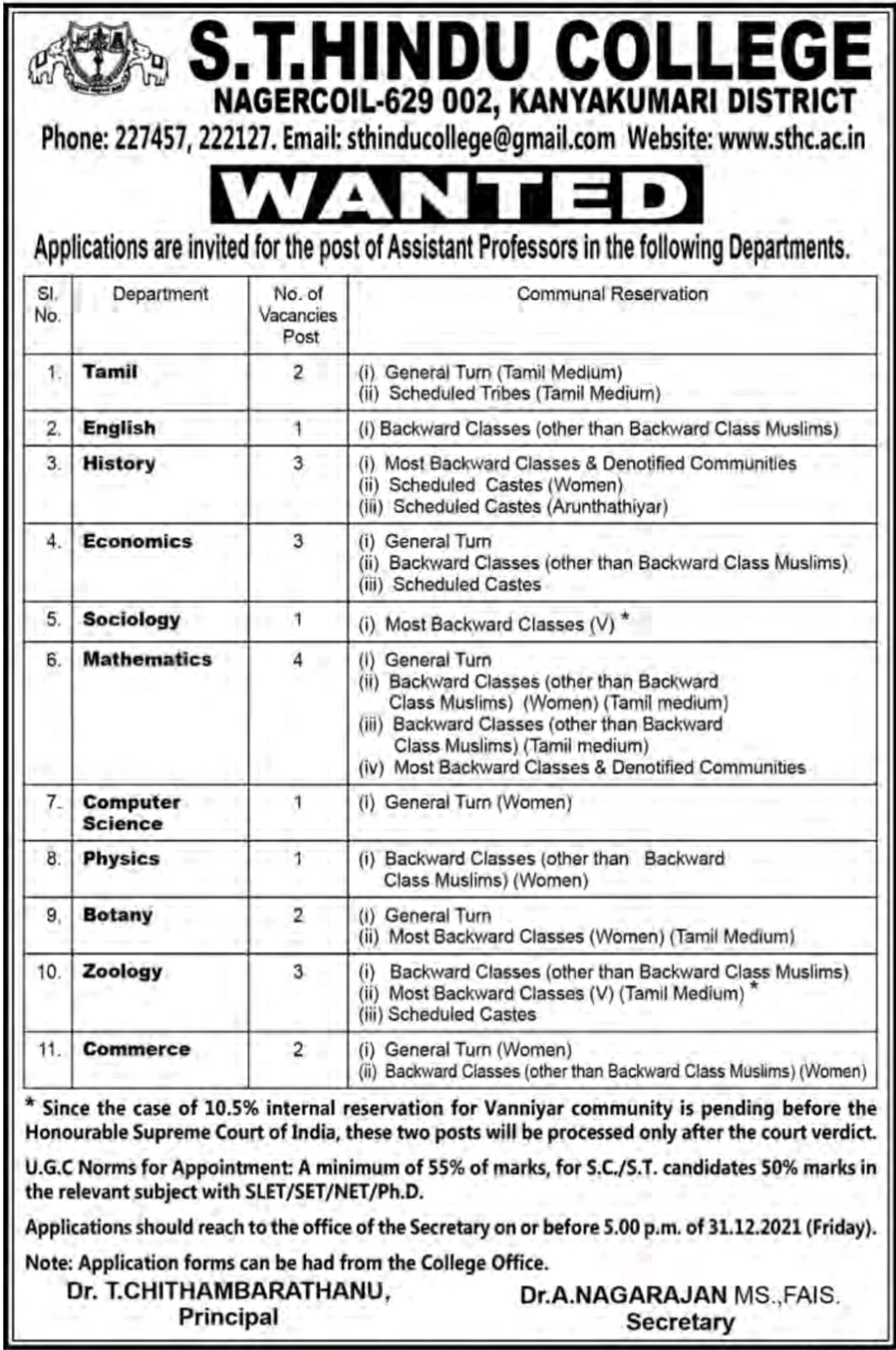 S.T.Hindu College, Kanyakumari Wanted Assistant Professors FacultyPlus
