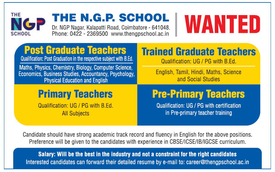 The N.G.P School, Coimbatore Wanted PGT/TGT/PRT/PrePrimary Teachers
