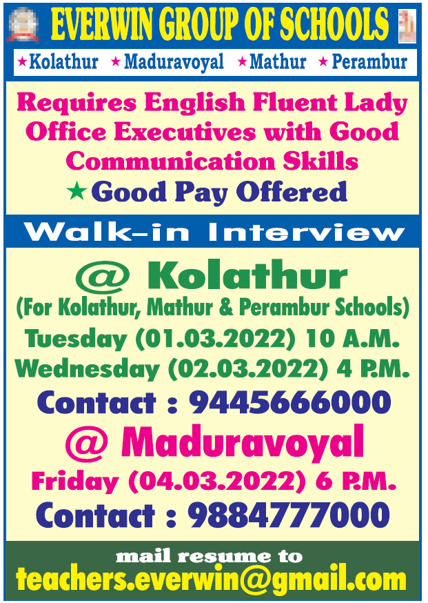 NonTeaching Jobs at Everwin Group of Schools, Kolathur FacultyPlus
