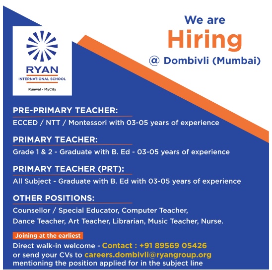 WALK IN INTERVIEW !! Teachin and NonTeaching Job Vacancy Ryan