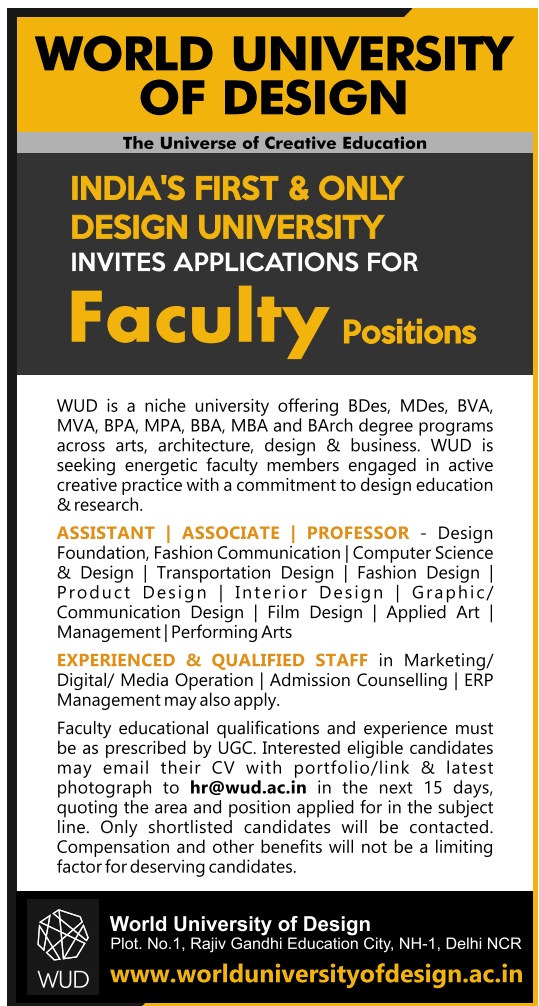 World University of Design, Delhi NCR Wanted Professor/Associate