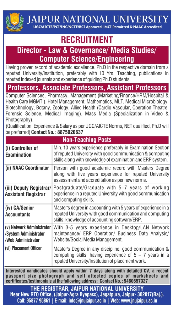 Teaching Jobs/NonTeaching Jobs Jaipur National University, Jaipur
