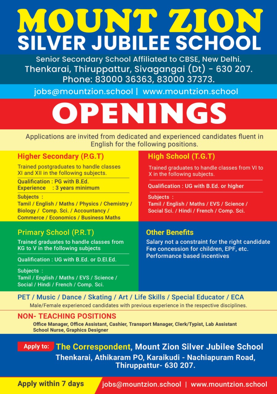 Faculty Recruitment PGT/TGT/PRT jobs at Mount Zion Silver Jubilee