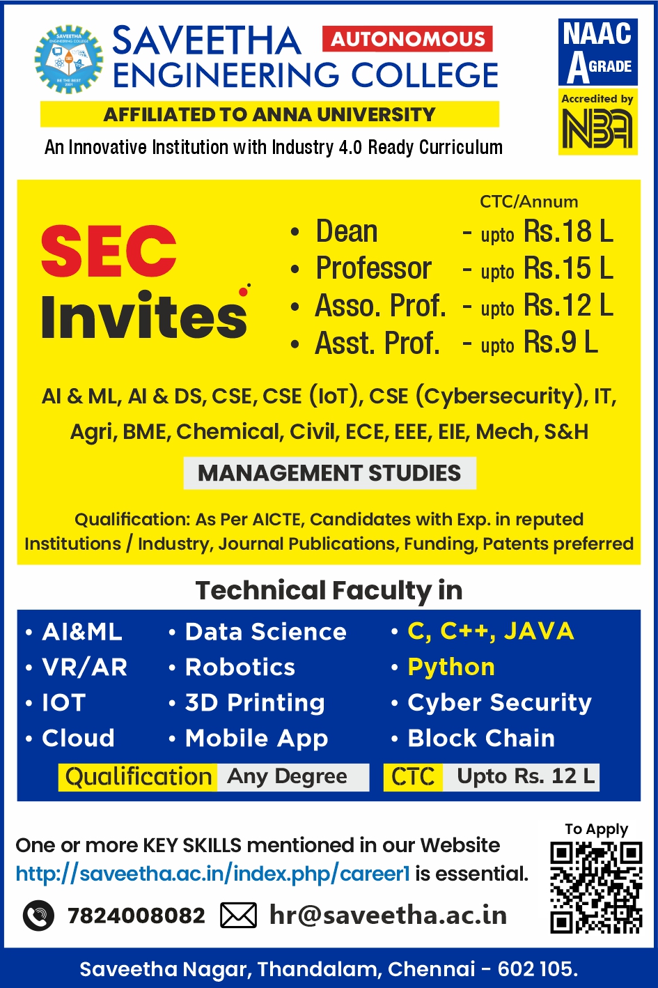 Saveetha Engineering College, Chennai Wanted Dean/Professor/Associate