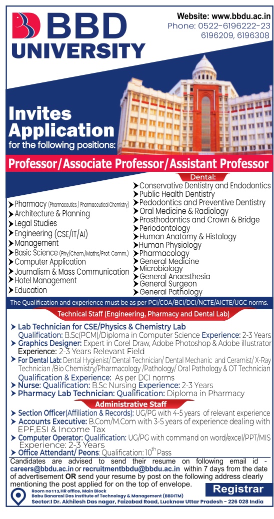 BBD University, Lucknow Wanted Professor/Associate Professor/Assistant