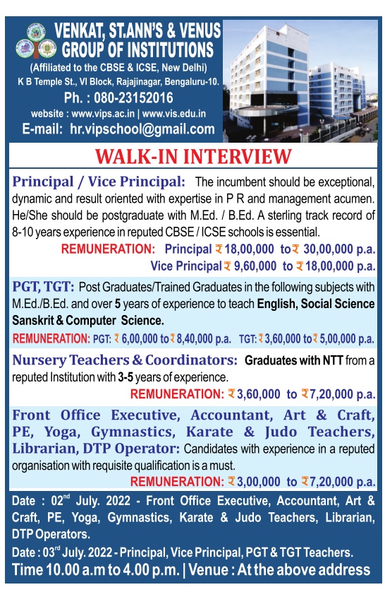 Walk in Interview for Teaching and NonTeaching Job Venkat, St. Ann’s