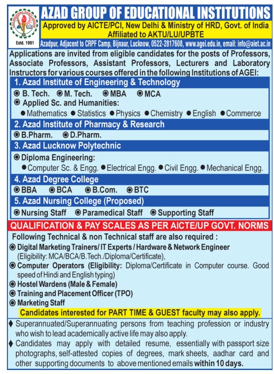 Azad Group of Educational Institutions, Lucknow Wanted Professor