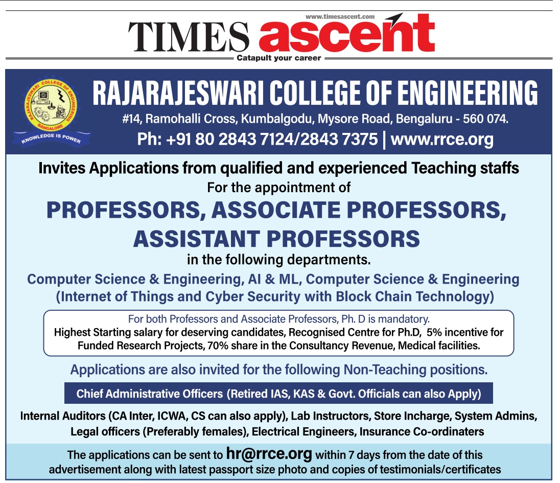 Rajarajeswari College of Engineering, Bengaluru Wanted Teaching and Non