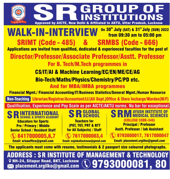 SR Group of Institutions, Lucknow Wanted Teaching and NonTeaching