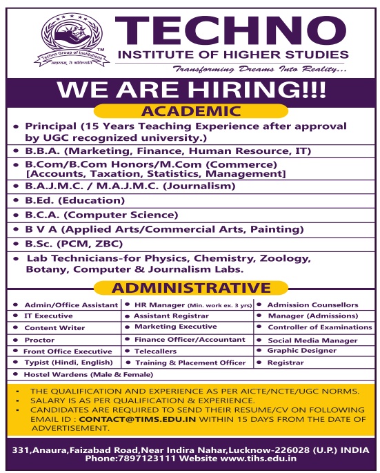 Techno Institute of Higher Studies, Lucknow Wanted Teaching and Non