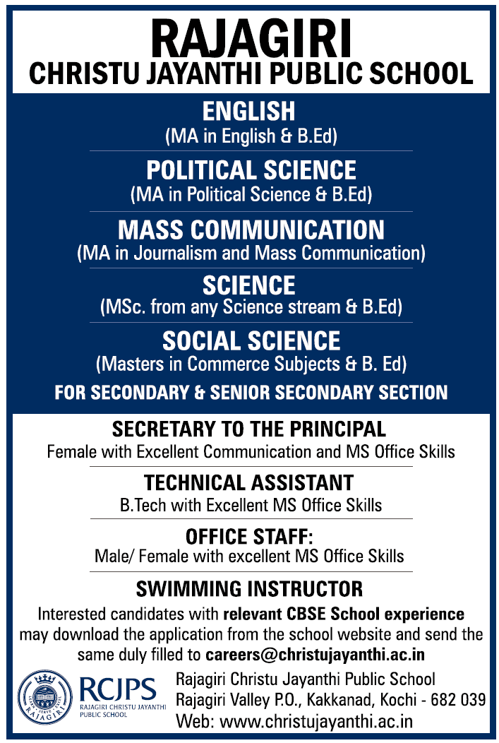 Rajagiri Christu Jayanthi Public School, Kochi Wanted Teachers/Non