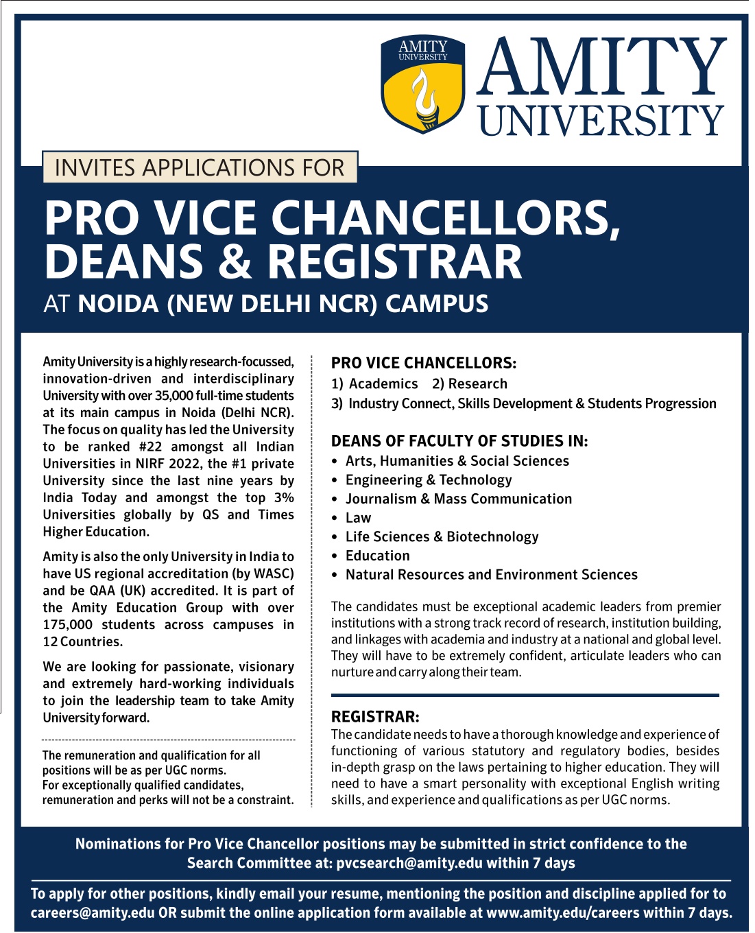 Amity University, Noida Wanted Pro Vice Chancellors/Deans/Registrar
