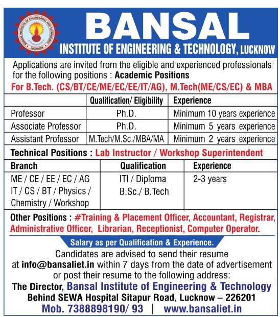 Bansal Institute of Engineering and Technology, Lucknow Wanted