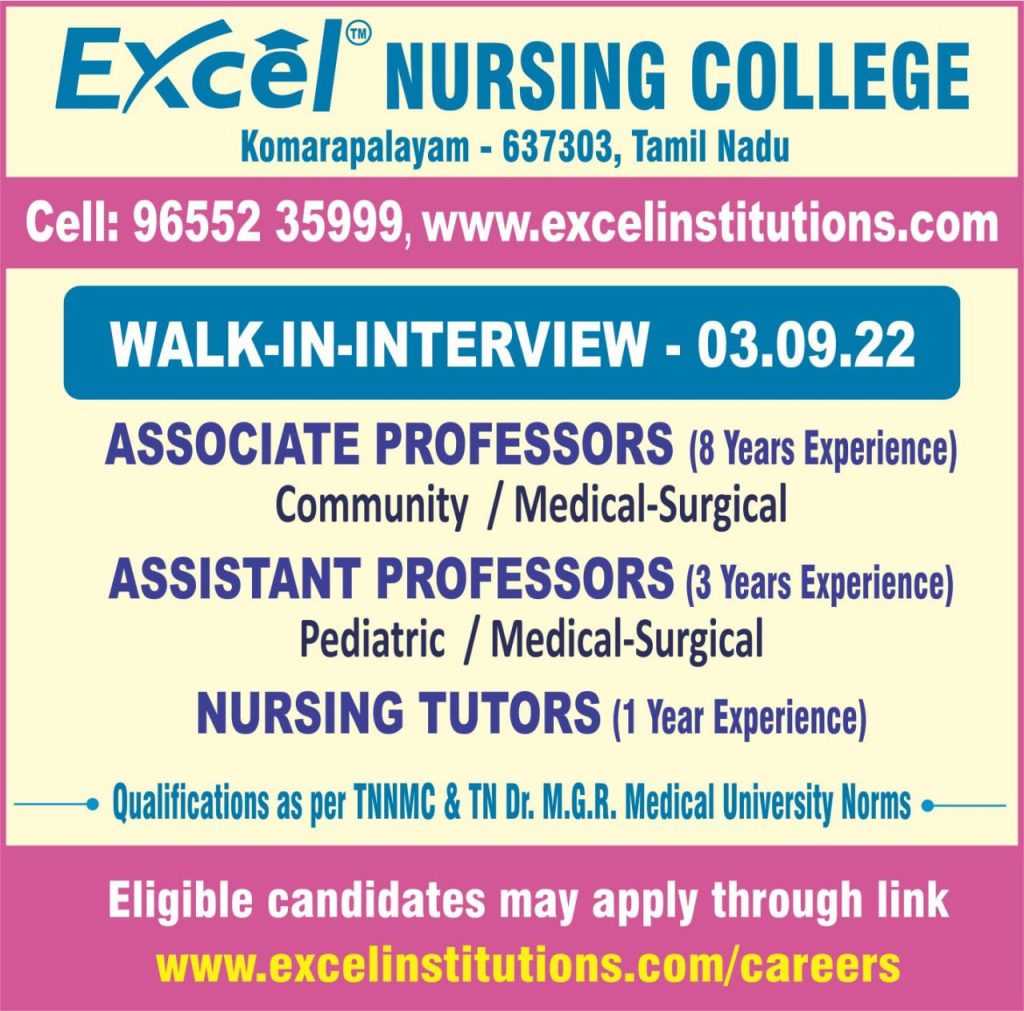 Excel Nursing College, Komarapalayam Wanted Associate Professor/Assistant Professor FacultyPlus