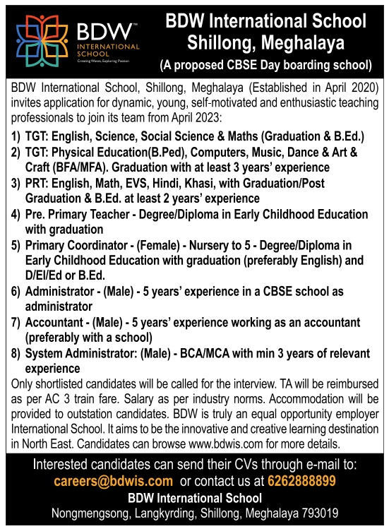 BDW International School, Shillong Wanted Teachers and NonTeaching