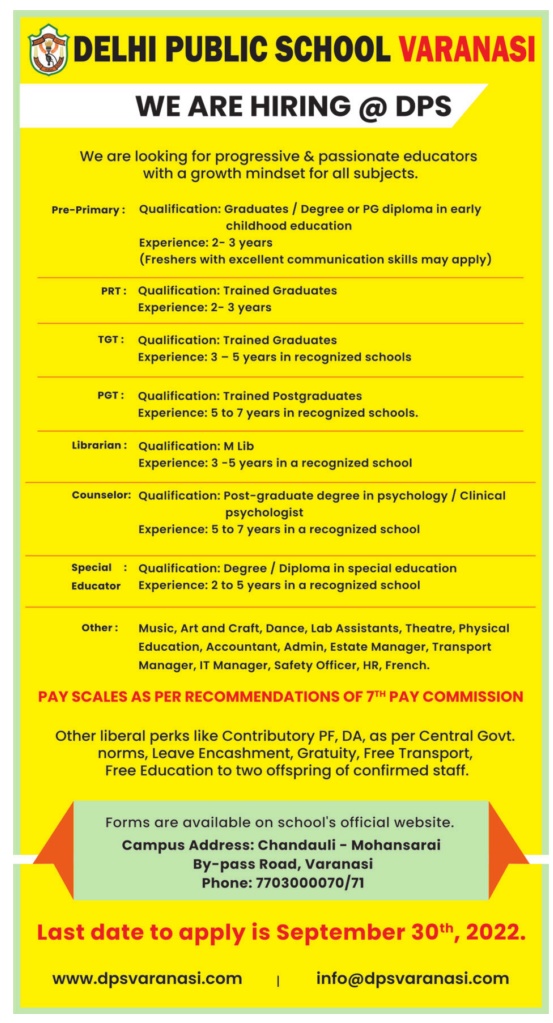 Delhi Public School, Varanasi Wanted Teaching and NonTeaching Faculty