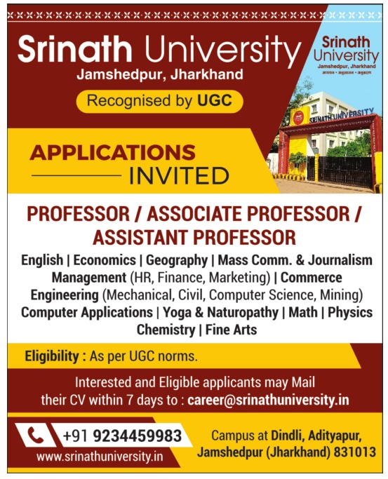 Srinath University, Jamshedpur Wanted Professor/Associate Professor
