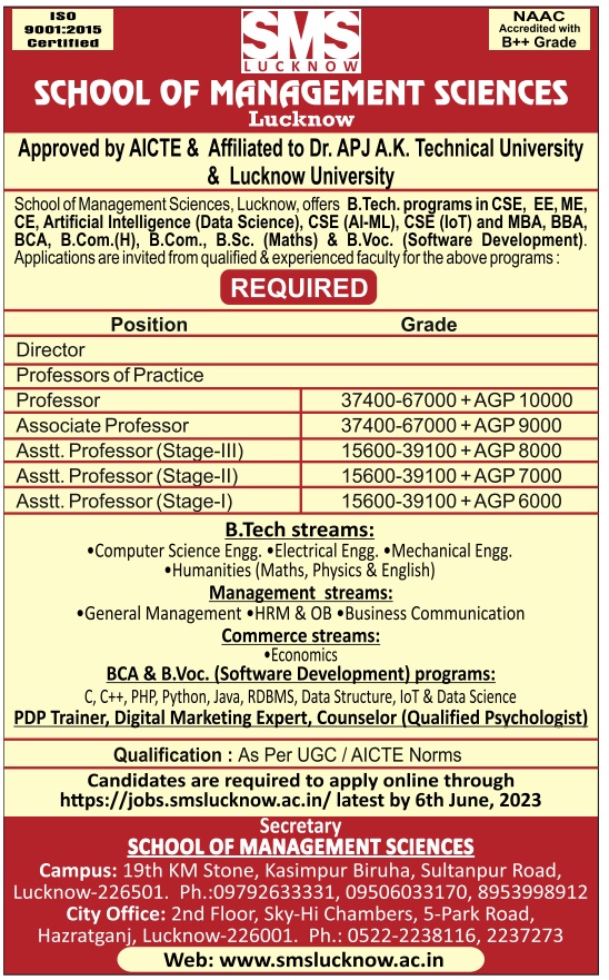 Teaching Jobs School of Management Science, Lucknow FacultyPlus