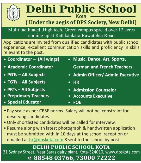 Delhi Public School Kota, Kota Wanted Teachers and NonTeaching Faculty