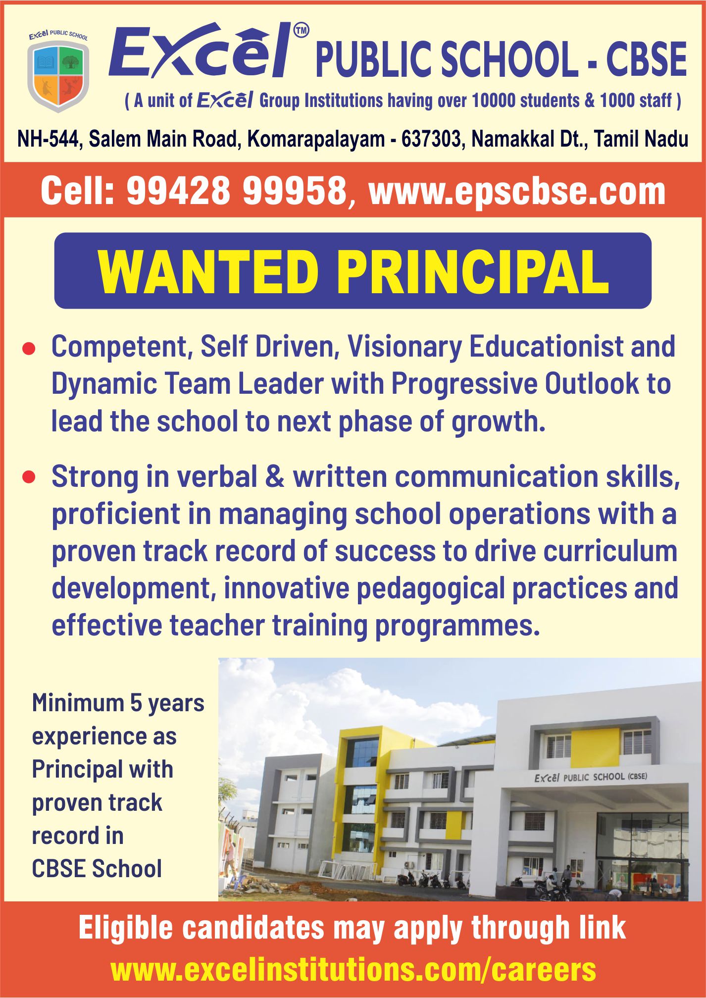 Excel Public School, Komarapalayam Wanted Principal FacultyPlus