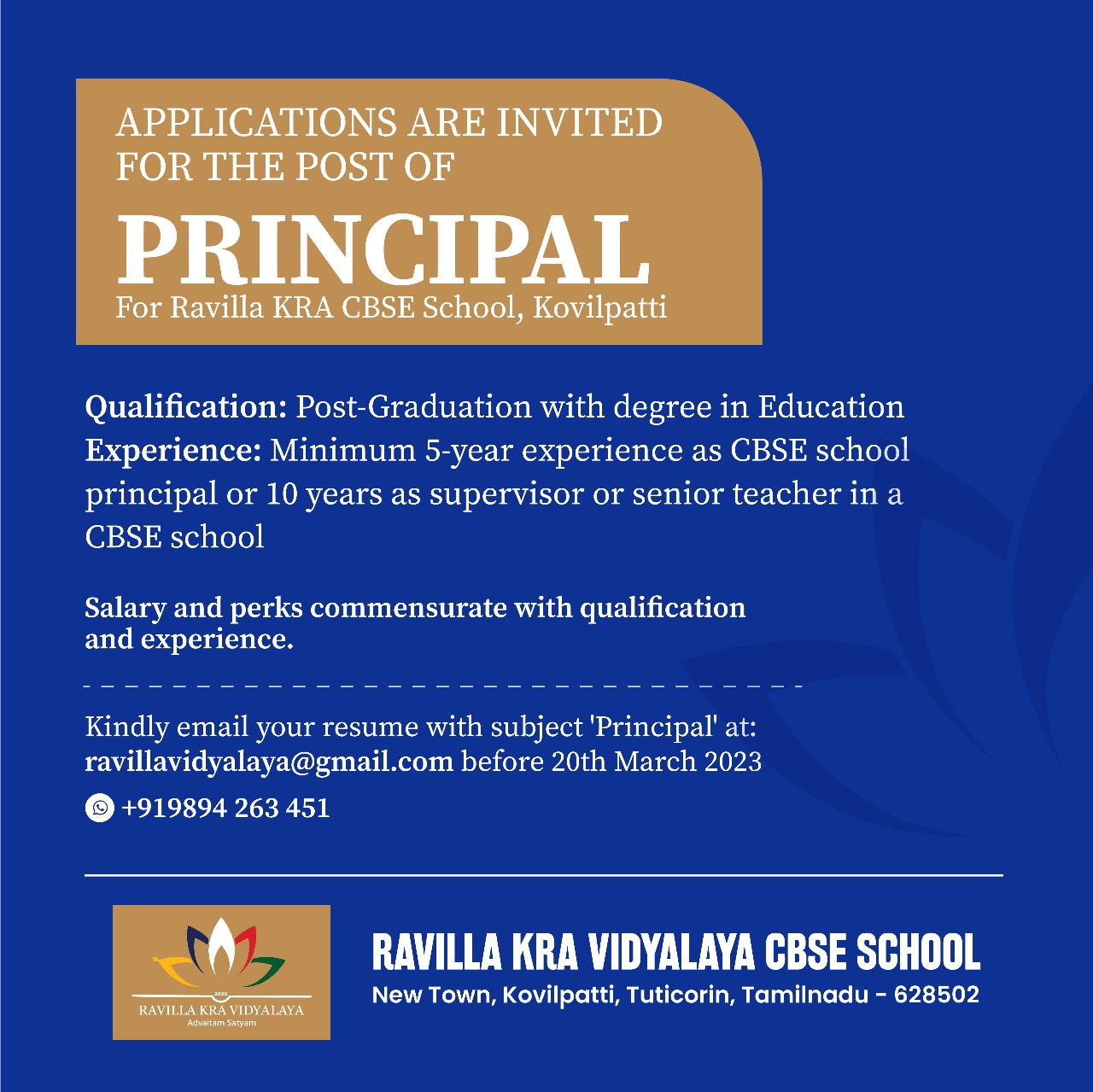 Ravilla KRA Educational Institutions Wanted Principal FacultyPlus