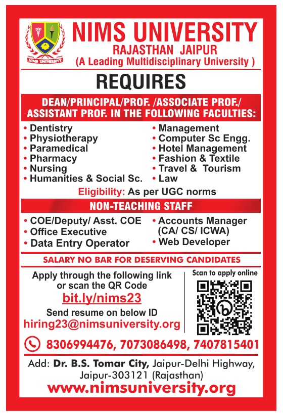 NIMS University, Jaipur, Rajasthan Wanted Assistant Professors/ Associate Professor/ Professor