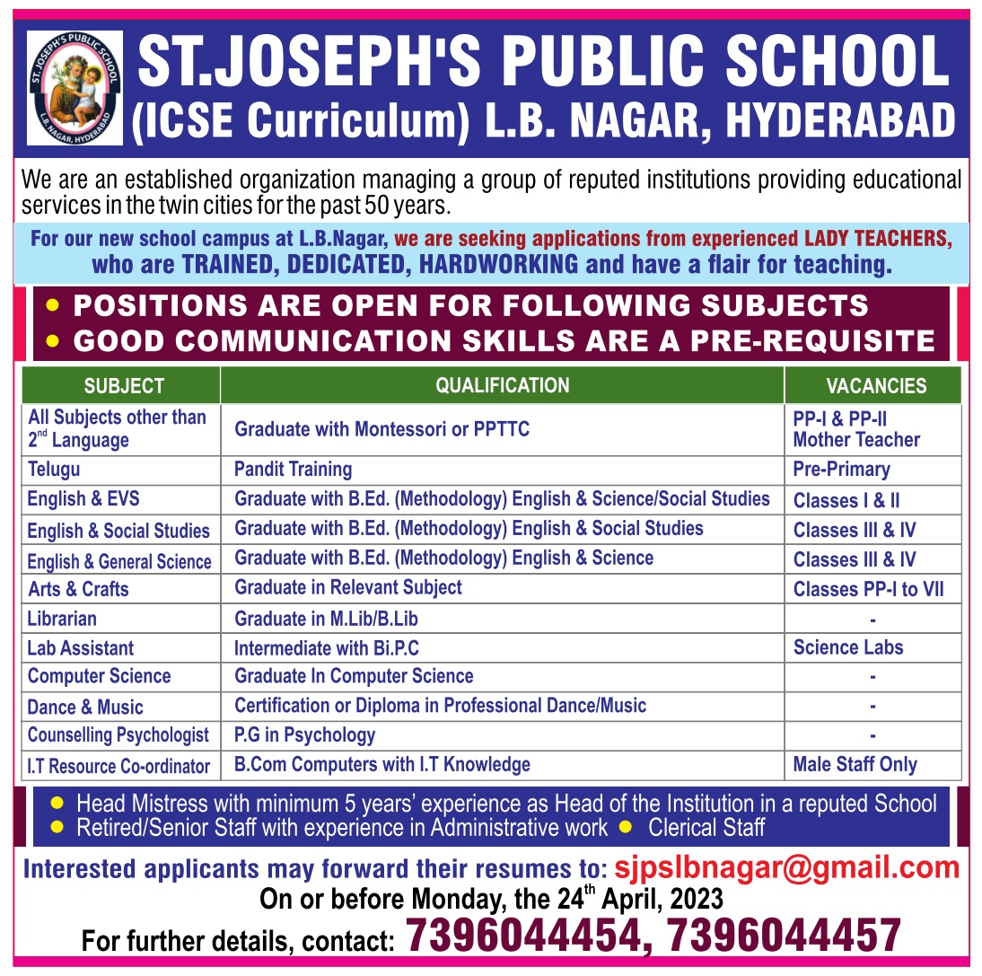 St. Joseph’s Public School, Hyderabad Wanted Teachers, Head Mistress