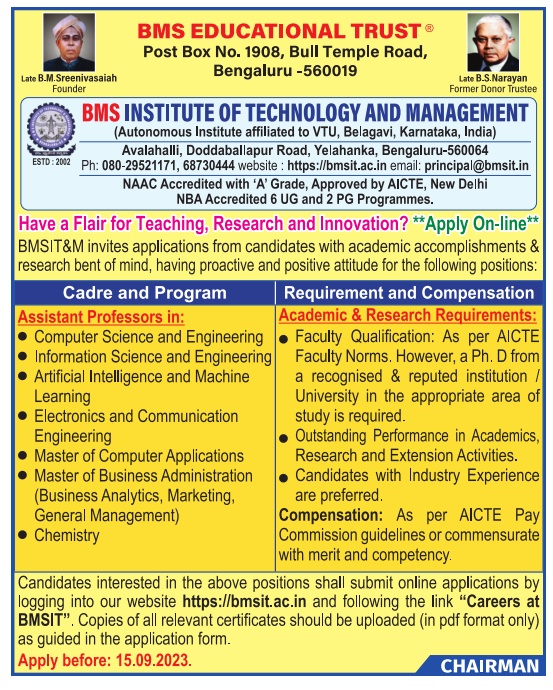 Assistant Professor Jobs at BMS Institute of Technology and Management, Bengaluru FacultyPlus