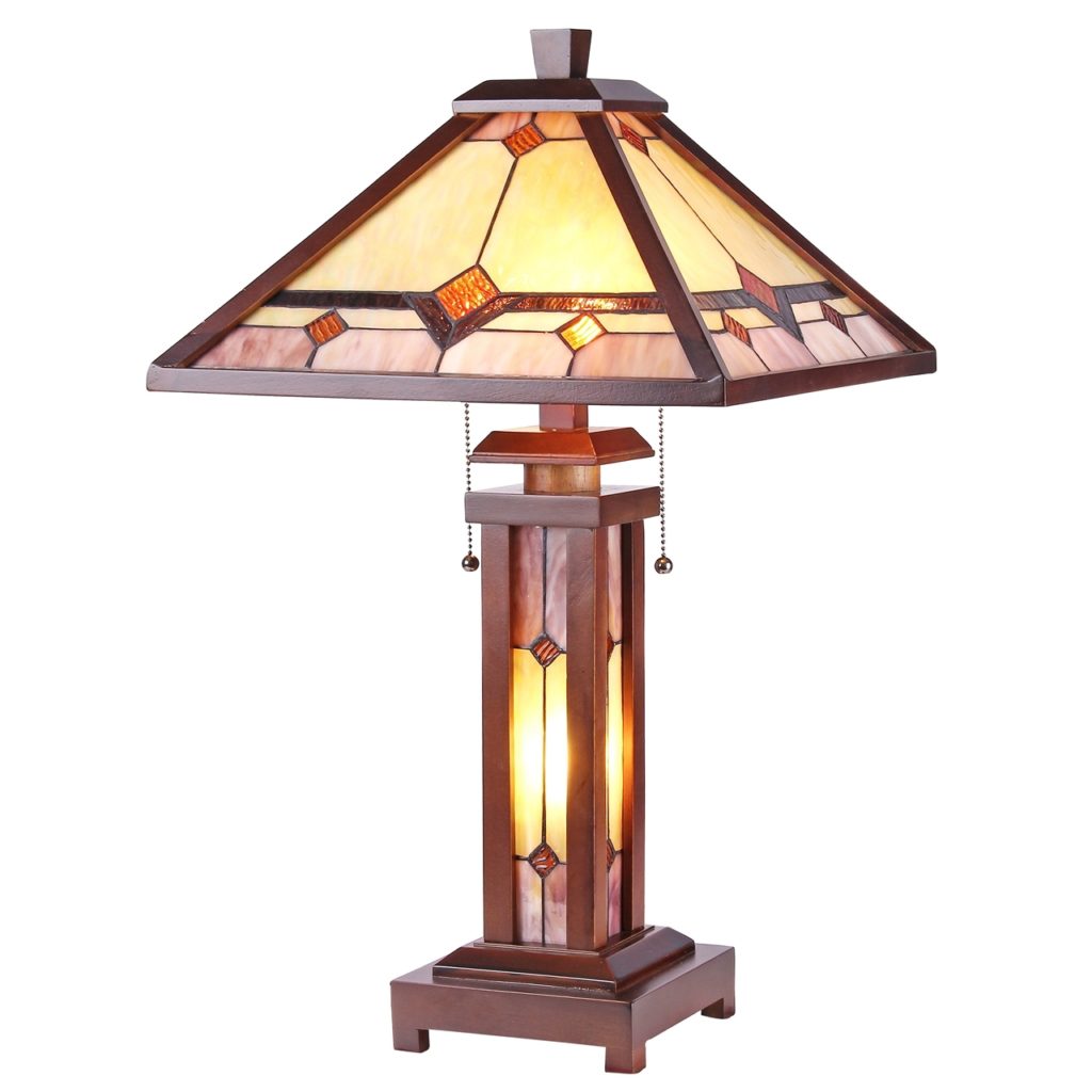 Tiffany Style Arts & Crafts 3 Light Double Lit Walnut Wood