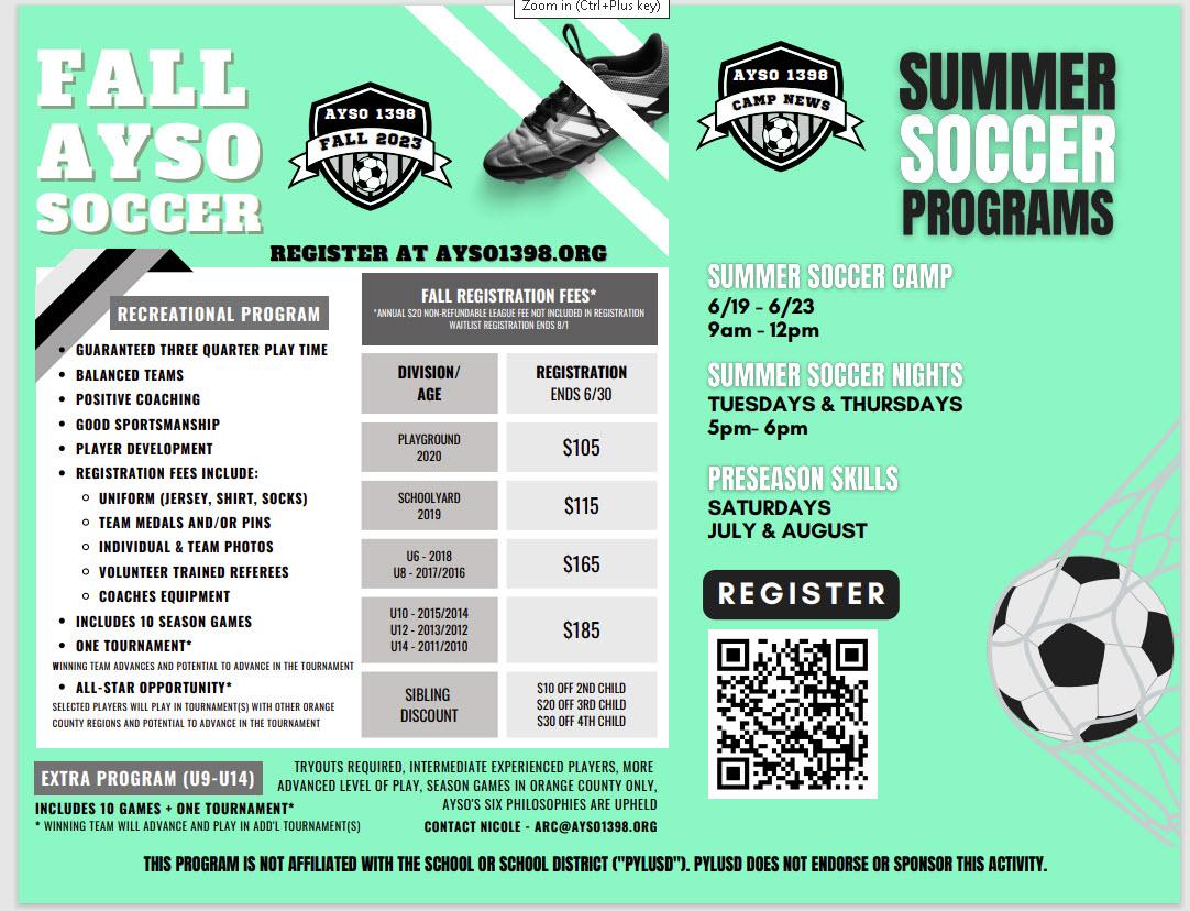 AYSO Soccer Summer and Fall Program Fairmont Elementary School