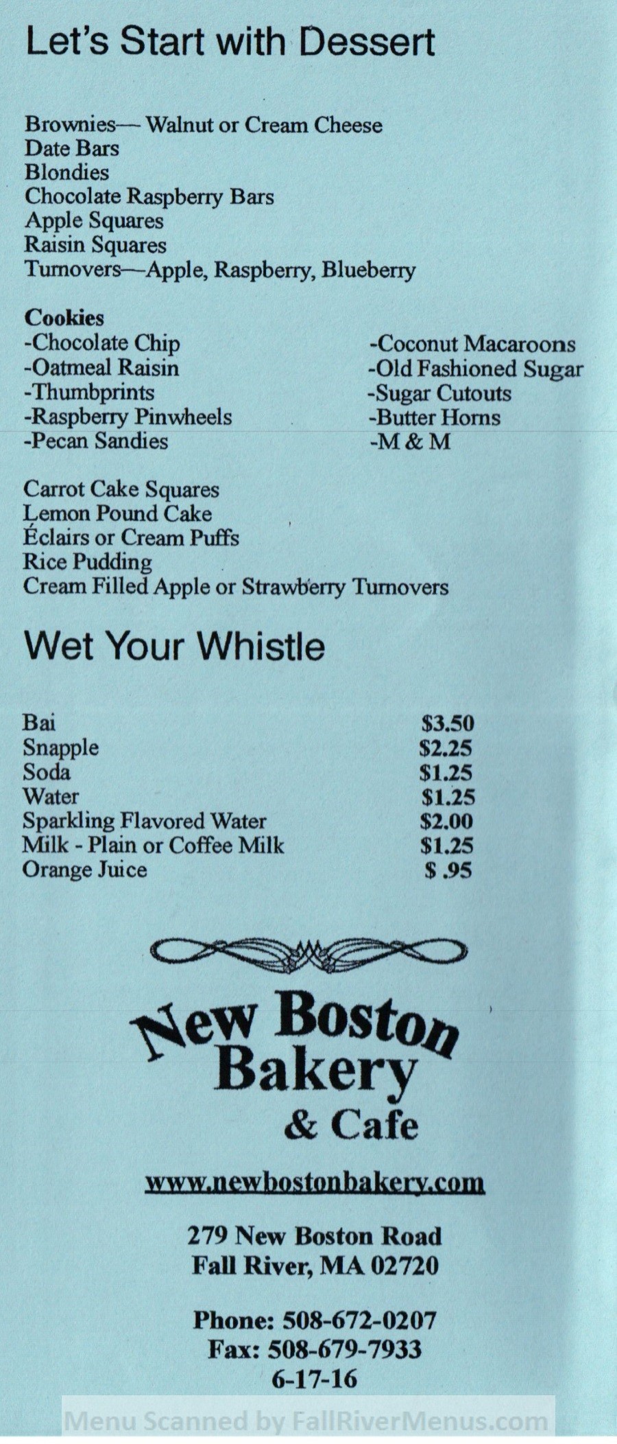new boston bakery menu 6 scnd 7212016 Fall River Restaurants