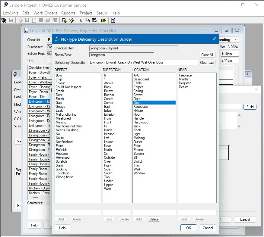 H.O.M.E.S. Customer Service PDI Deficiency Builder Screen Snapshot
