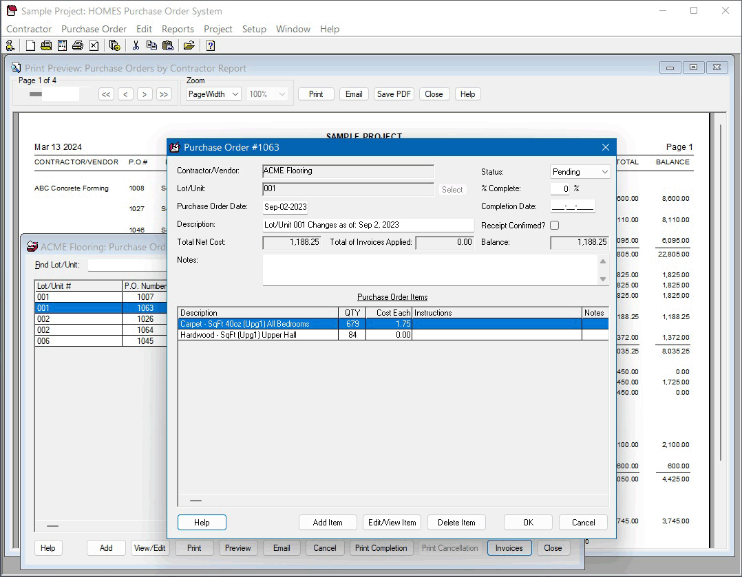 H.O.M.E.S. Purchase Order System Screen Snapshot Software for Home