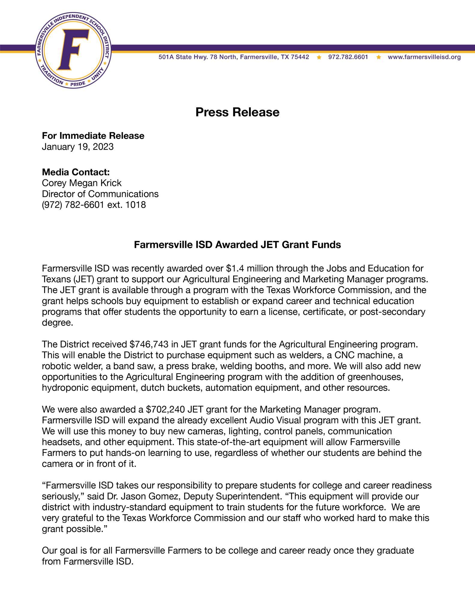 Farmersville ISD Awarded JET Grant Funds! Farmersville ISD