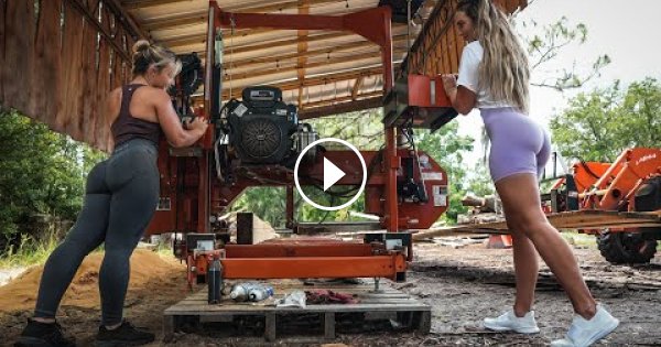 Two Beautiful Blondes Cutting Dimensional Lumber On The Sawmill