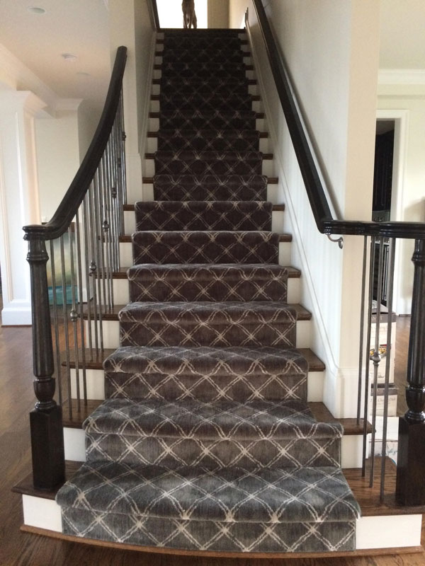 Modern Staircase with Patterned Grey and White Stair Runner