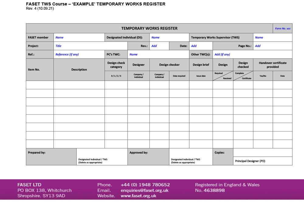 Temporary Works Register Template