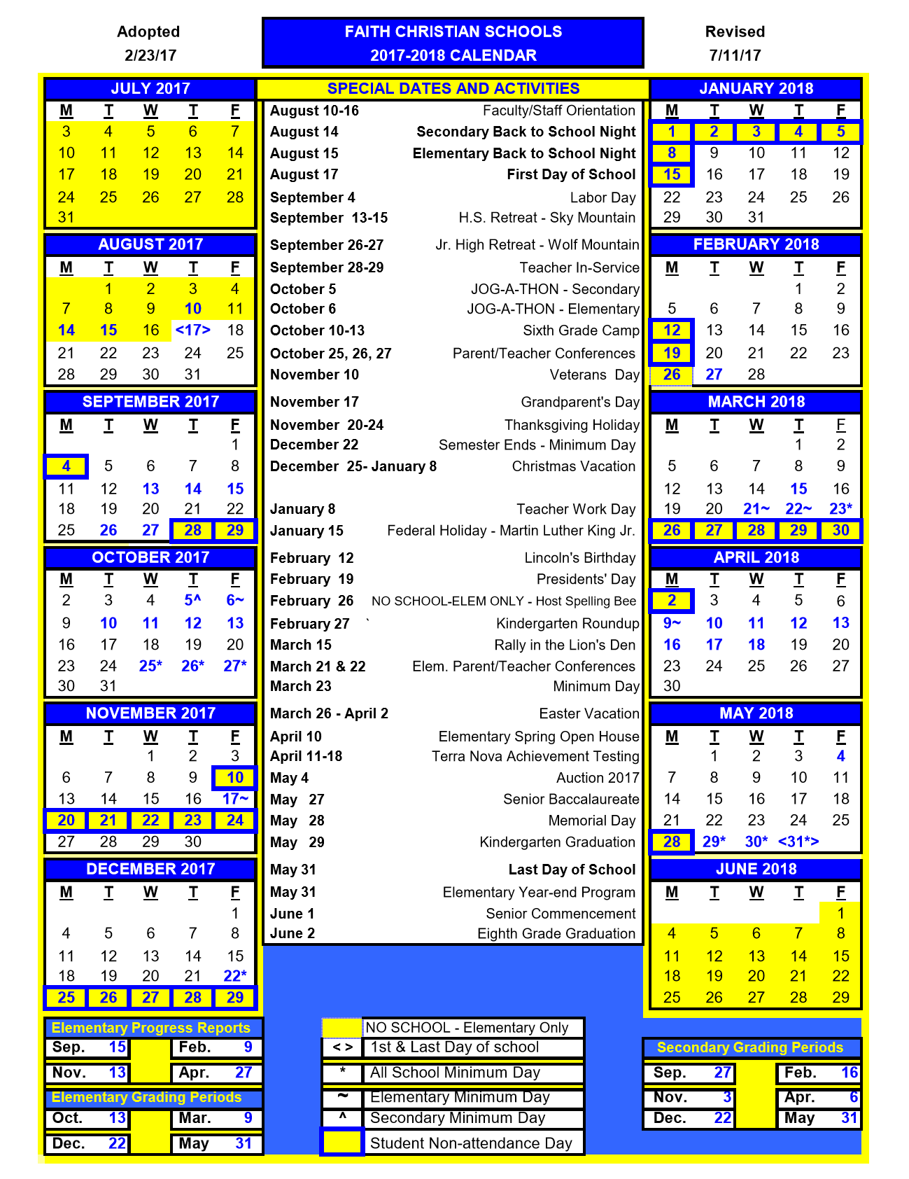 Calendar Faith Christian School, Inc.