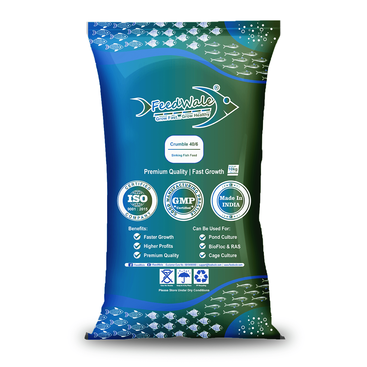 FeedWale Crumble 40/6 Sinking Fish Feed 10kg Bag FeedWale