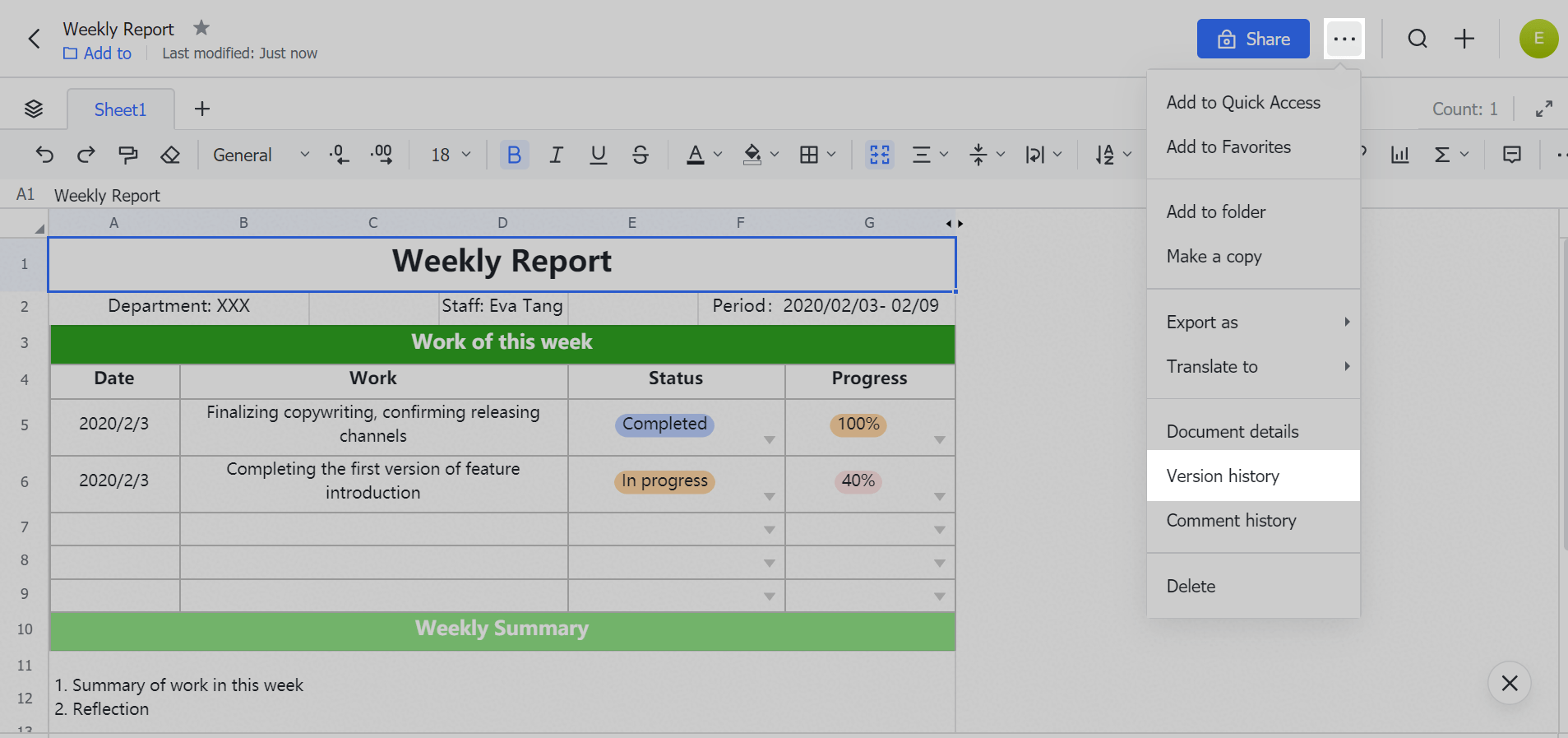 Version history for Sheets