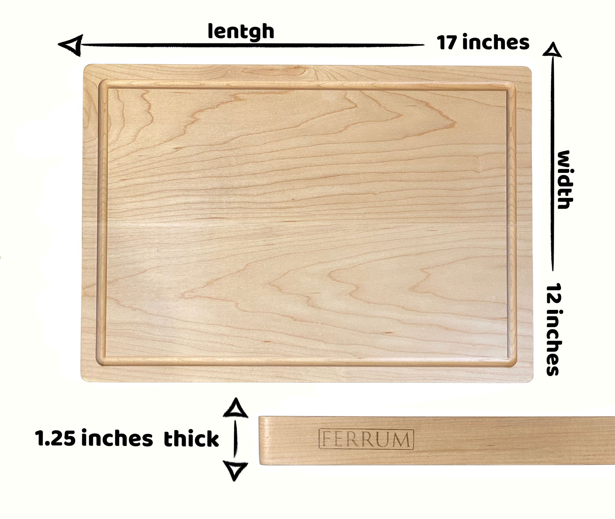 Wood Cutting Board Maple 17x12x1.25 Inches Reversible with Handles and