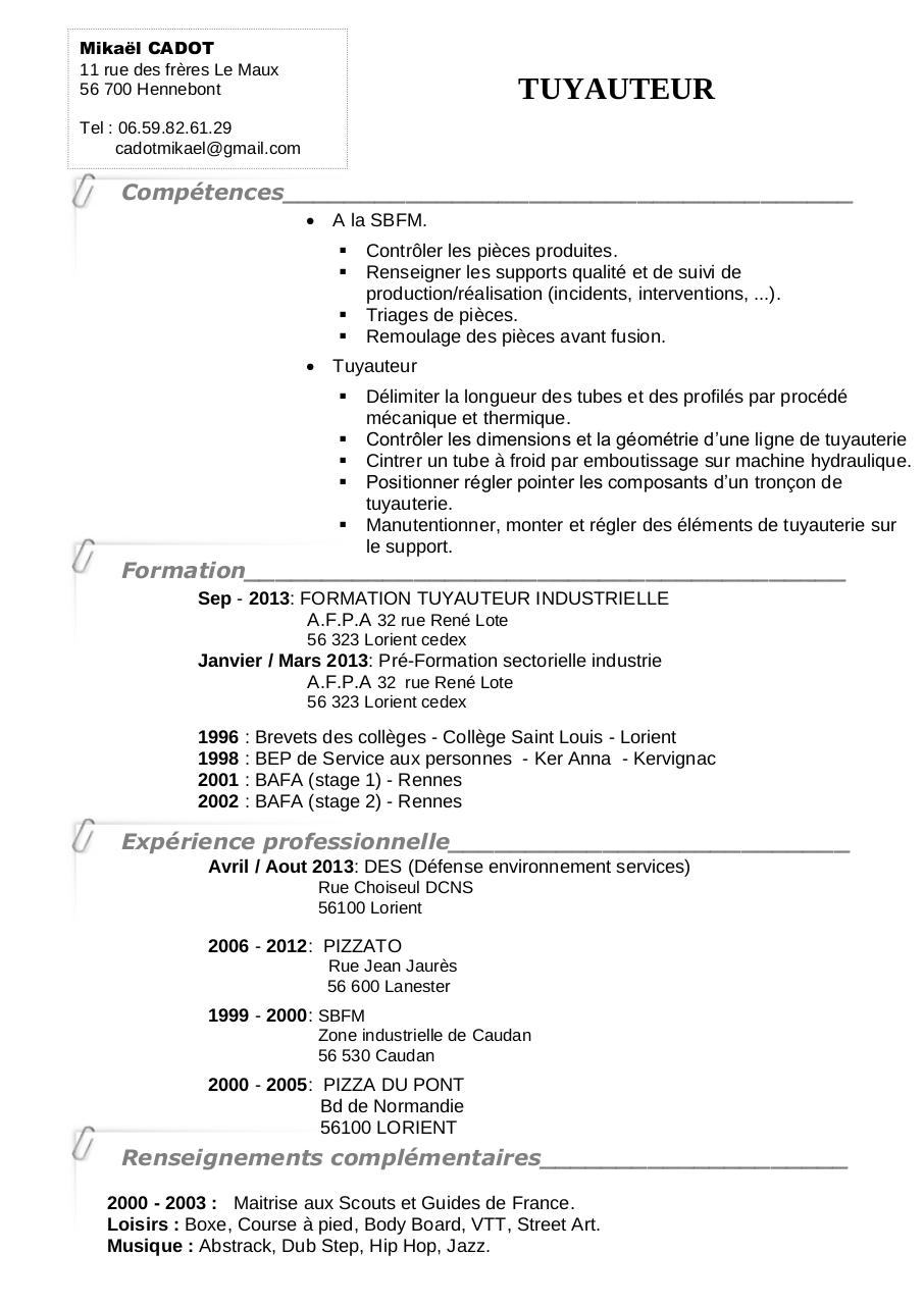 exemple cv tuyauteur CV Anonyme