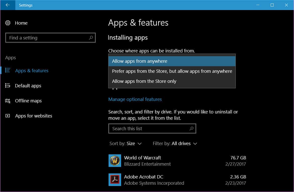 Choose where apps can be installed from in Windows 10
