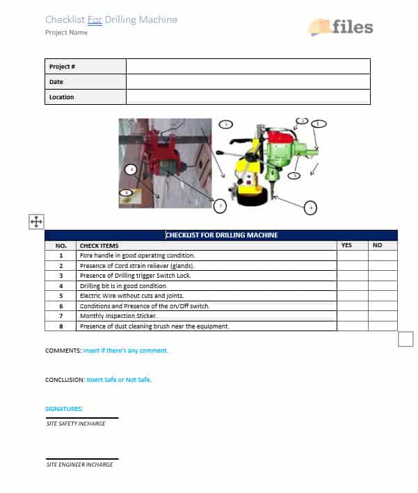 Tools And Equipment Checklist Drill Press Construction Documents